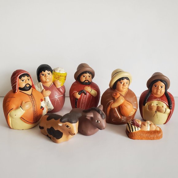 Peruvian Folk Art Baby Jesus Nativity Set Terracotta Clay Handmade Hand Painted - Picture 1 of 9